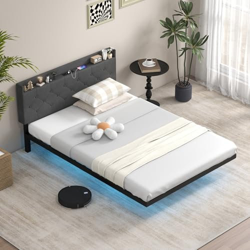GOPLUS Cadre de Lit Design Flottant 140x200CM, Lit Plateforme Double King avec Lumières LED RVB, Lit îlot Moderne avec Tête Rembourrée Réglable et Station de Chargement, Charge 300KG