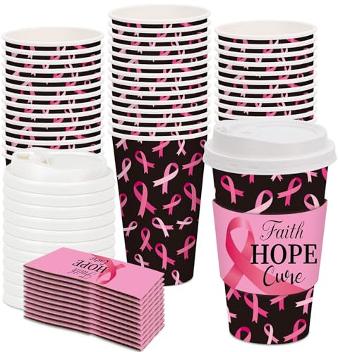 JarThenaAMCS 48 Set Breast Cancer Awareness Disposable Coffee Cups with Lids and Sleeves Pink Ribbon Paper Drinking Cups for Women Breast Cancer Awareness Supplies