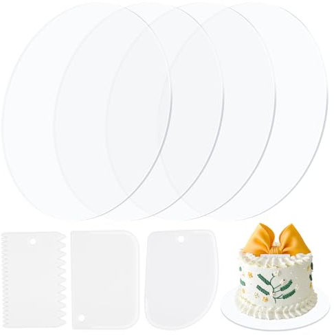 4 Pcs Acrylic Cake Disc, 8 Inch Cake Board, Round Cake Boards, Reusable Clear Cake Base Board with 3 Cake Scrapers, Acrylic Board for Cake Stands, Colour Palette,Crafts