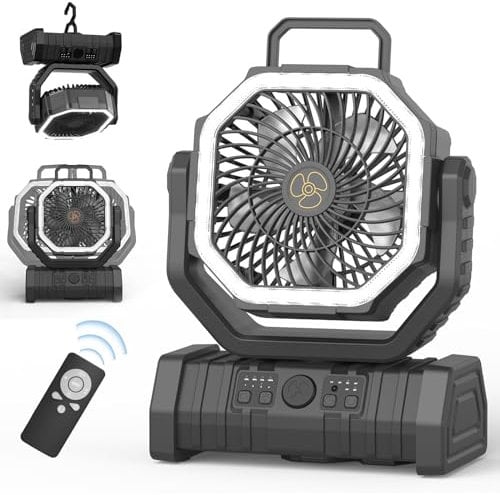 OUWANCH Ventilatore Portatile da Campeggio con Luce LED, 4 Livelli 20000 mAh con Telecomando e Gancio Ventilatore da Tavolo USB Silenzioso per Pesca, Picnic, Barbecue, Escursionismo