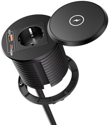 Einbau Steckdosenleiste mit USB C und 10W kabellosem Laden, Ohuo Versenkbare Steckdose für Arbeitsplatte Küche, 1,8m Kabel Ø 80 mm, Schwarz