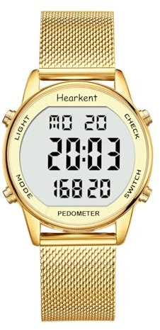 Hearkent Montre podomètre Femme, Bracelet en Nylon Souple, sans Application ni Charge nécessaires, avec comptage de Pas, de Calories, de Distance, Horloge et rétroéclairage d'écran, 2401 (Doré)