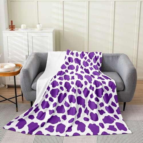 ZSOSIXDEAL Kinder-Überwurfdecke mit Kuhfell-Druck, Überwurf, Rindsleder, lila weiß, Decke für Jungen, Dekoration, Bauernhaus, Flanell-Fleecedecke, Western-Farm, Tierhaut, Schlafzimmer, 127 x 152 cm