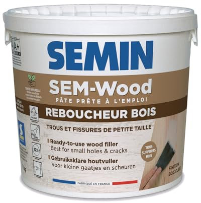 Semin - Reboucheur Bois - Sem Wood - Traitement des Trous et Fissures - Intérieur/extérieur - Finition Bois Clair - Prêt à l’emploi - Seau de 1 kg