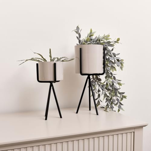 Set of 2 Taupe Metal Planter Pots with Stand