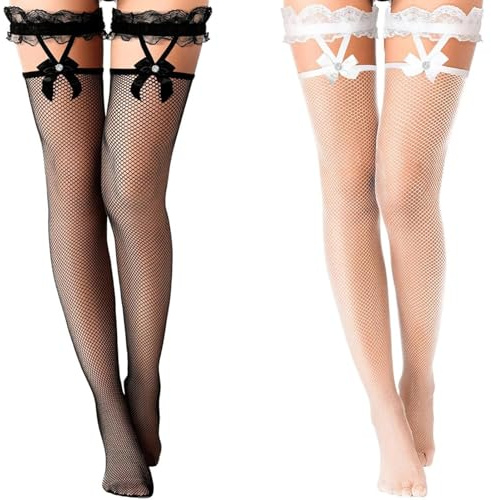 Junwapy 2 Pairs Lace Top Fishnet Stockings Bow Suspenders Thigh High Mesh Hold up Stockings for Women Girls