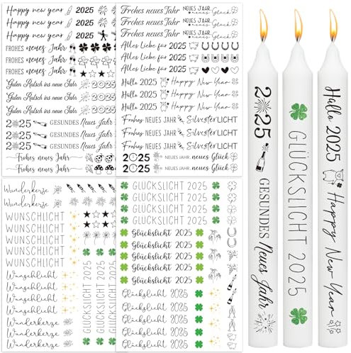 BOOMTOP 4x Kerzen Tattoos Folie Frohes Neues Jahr 2025 Rub On Sticker Silvester Glückslicht Wunschlicht Kerzen Aufkleber Kerzenfolie Kerzensprüche Kerzensticker Kerzen Verzieren für Stabkerzen Tasse