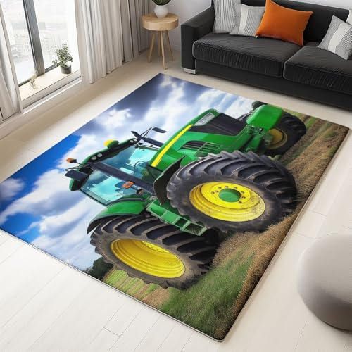 Bauernhof, Grüner Traktor Teppich Wohnzimmer Grün Teppich Waschbar, Rutschfester Teppich in Extra Weicher Flauschig Flanell Teppiche für Schlafzimmer und Küche 140x200 cm