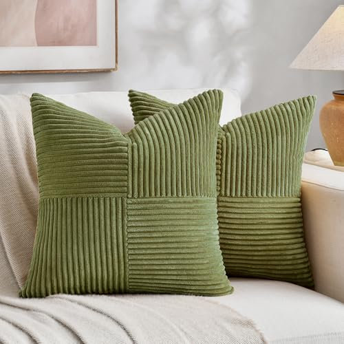 FDTERN 2er Set Gras Grün Kordsamt Kissenbezug 50x50 Weich Moderne Dekorative Kissenbezüge Kissenhülle Dekokissenbezug Sofakissen Dekokissen Boho Deko für Sofa Schlafzimmer Wohnzimmer Bett