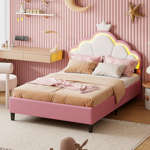 Henunem Kinderbett Polsterbett 90x200 mit LED, Bettgestell für Mädchen, mit Verstellbares Kopfteil, Bettgestell mit EIN Kopfteil in Form Einer Krone und Lattenrost, PU, ohne Matratze (Rosa-3-1)