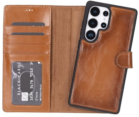 Solo Pelle Lederhülle Harvard kompatibel für das Samsung Galaxy S25 Ultra RFID inklusive abnehmbare Hülle mit integrierten Kartenfächern RFID (Cognac Braun)
