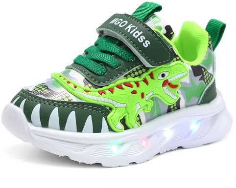 XSportmode LED leuchtende Kinderschuhe, Frühling und Herbst Turnschuhe Jungen Dinosaurier 1-6 Jahre alt Blink-Sneaker for drinnen und draußen(Grün,23 EU)