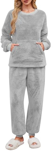 UMIPUBO Pigiama Donna Invernale Felpato Pigiami in Pile Caldo Set Due Pezzi Tuta Termico Invernali Completo da Casa Top a Maniche Lunghe e Pantaloni Lounge Morbido Sleepwear con Tasche (Grigio, L)
