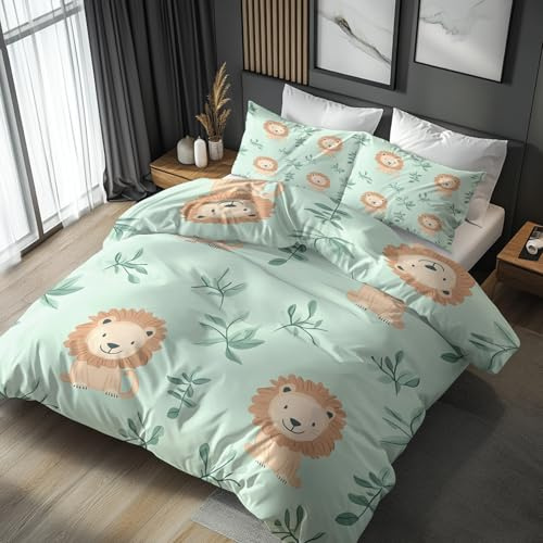 Generisch 135x200 Bettwäsche Löwe Bettbezug - 2tlg, 1 Kissenbezug 80x80, Süß Cartoon Tiere Muster, Schlafzimmer Deko, Weiche Mikrofaser Wendebettwäsche mit Reißverschluss - HOC566