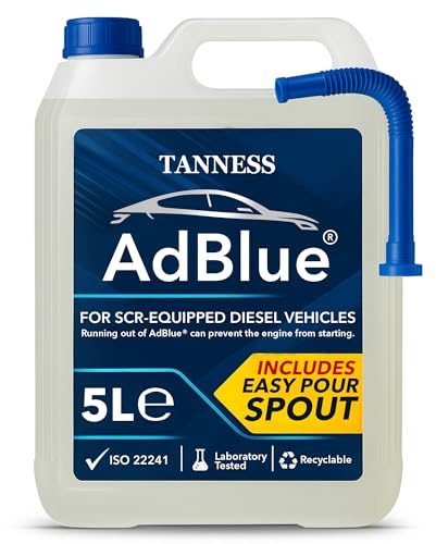 TANNESS Ad Blue 5L with Nozzle - Easy Pour Diesel Exhaust Fluid for Cars, Vans & Lorries - Spill-Free Add Blue Liquid for Diesel Vehicles with SCR Systems, Reliable Solution for Emission Control