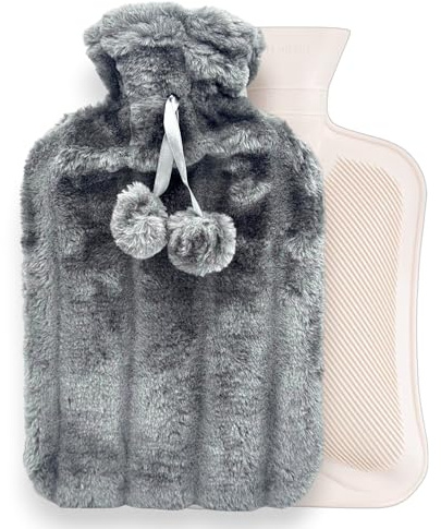 2L Hot Water Bottle with Luxury Faux Fur Cover – Plush Soft Fleece – Reusable Leakproof Bottle – Long-Lasting Warmth for Winter Comfort – Dark Grey