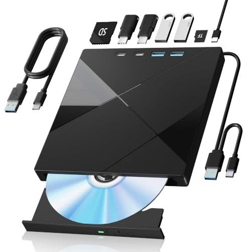 7 in 1 Externes DVD-Laufwerk, Externes CD/DVD-Laufwerk mit SD/TF-Anschluss | CD-Brenner DVD-Player DVD-Brenner USB 3.0/Typ C, CD Rom Externes Laufwerk CD-Laufwerk für PC Laptop Windows Linux