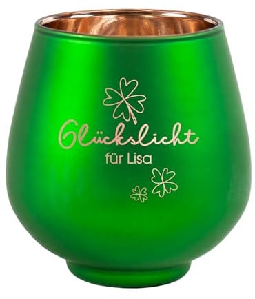 Herz & Heim® Personalisiertes Windlicht mit Gravur – Rot oder Grün – viele weihnachtliche Motive – Teelichthalter aus Glas als Geschenkidee zu Weihnachten (Grün, Glückslicht)
