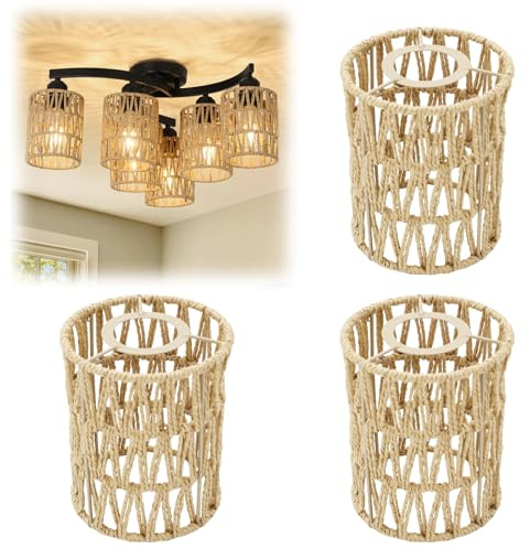 3-teiliges Kronleuchter-Lampenschirm-Set im Bohème-Stil, 12x12x15 cm | Handgeflochtenes Rattan, robust langlebig. Für Kronleuchter. Warmes, natürl. Licht. Für Wohn-Schlafzimmer. Bohème-Stil