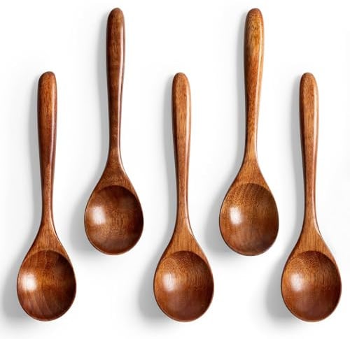 JYSNOW 5 Piezas Cuchara De Madera, 14cm Vajilla de Estilo Japonés y Nórdico | Juego de Cucharas con Bordes Redondeados, Natural y Rústico, para Remover Café, Miel, Yogur, Mermelada y Té