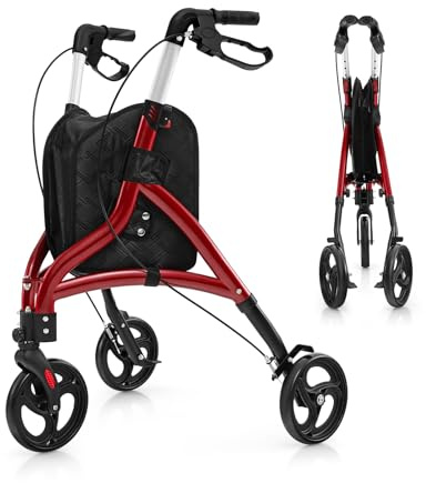 GOPLUS Rollator faltbar und leicht, Rollatoren Aluminium mit 6-fach verstellbarer Höhe, Wohnungsrollator mit 3 Rädern & Aufbewahrungstasche für jedes Gelände, Gehhilfe für Senioren & Erwachsene (Rot)