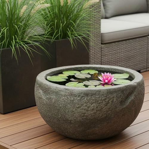 Arnusa kleines Teichbecken rund 50 cm in Steinoptik aus Polyresin – Miniteich & Kleiner Dekoteich für Garten und Terrasse Wasserschale, Wasserbecken, Vogeltränke für Solarbrunnen oder Wasserspiele