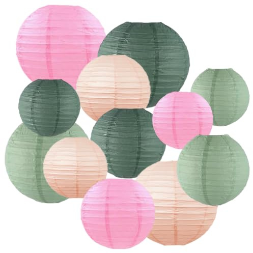 CC wonderland zone 12 Stück Salbeigrün Rosa Papierlaterne,Salbei Pink Runde Papier Lampions für Wetterfest Boho Sommer Hochzeit Geburtstagsparty Gartenparty Deko