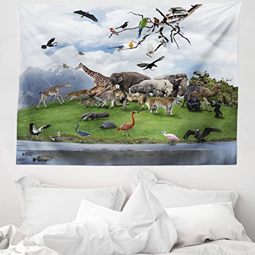 ABAKUHAUS Afrika Wandteppich, Tropische Tiercollage im Tal mit Löwe Papagei Schwäne Elefanten und Flamingos, aus Weiches Mikrofaser Stoff Wand Dekoration Für Schlafzimmer, 150 x 110 cm, Mehrfarbig
