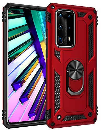 BestST Hülle für Huawei P40 Pro Hülle für Huawei P40 Pro Schutzhülle + Displayschutz 360 Grad Drehbar Ringhalter mit Magnetischer Handyhalter Auto Handy hülle- Rot