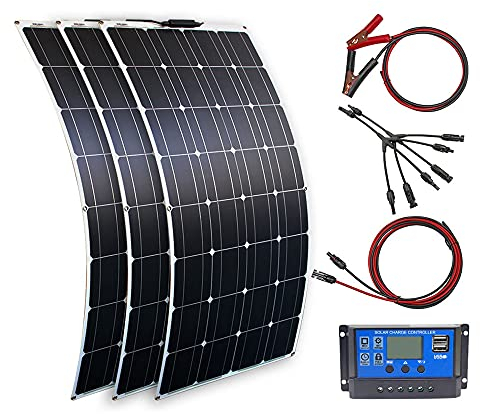 Kit Solaire 300 Watts 12v 3pcs Module Solaire Monocristallin 100W Contrôleur 30A+Câble 3m+1m Câble de clip de batterie Panneau Solaire Ultra Léger pour Camping-car, Toit, Caravane, Bateau(300W)