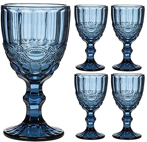 Wine Glass Set of 4 Blue Baroque Embossed 300ml Drink Goblets