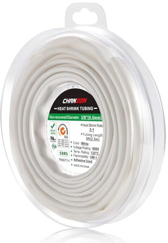 Chanzon Gaine thermorétractable 3:1 Ratio 3/8 (9,5 mm) Doublure adhésive étanche de qualité marine Rouleau de 8 pieds (longueur totale de 2,5 m) Gaine en polyoléfine blanche rétractable 1 pièces