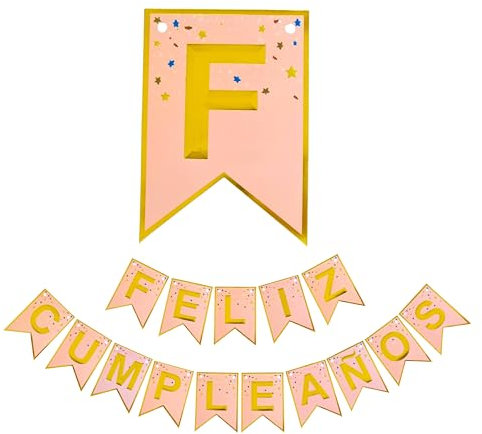 Guirnalda de Feliz Cumpleaños Español- Pancarta Cartel Decoración de Fiesta de Cumpleaños Castellano (Rosa)
