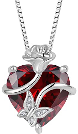 FJ Collier Papillon pour Femme Argent Sterling 925 Collier Grenat Coeur Pendentif Pierre de Naissance Janvier Collier Fleur Rose Bijoux pour Femme