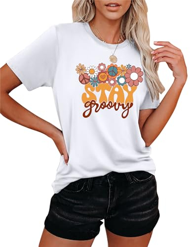 Damen T-Shirt Mit Blumendesign Hippie 60er 70er Jahre T-Shirt Sommer T-Shirt Tops Stay Groovy Shirt