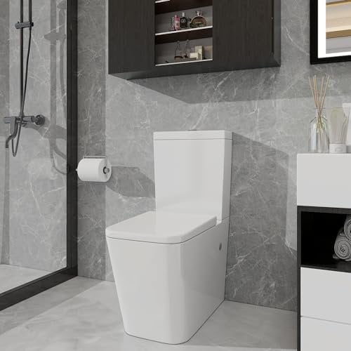 Robanmoa Rimless Back to Wall Toilet Close Coupled Bathroom Toilet, White Ceramic WC Pan & Soft Close Seat Dual Flush Cistern Comfort Height Modern Square Toilets
