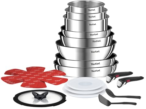 Tefal Ingenio Batterie cuisine 20 pcs, Poêles, Casseroles, Wok, Sauteuse, Couvercles, Poignées amovibles, Induction, Acier inoxydable, Compatible lave-vaisselle, Garantie 5 ans, Emotion L897SJ04