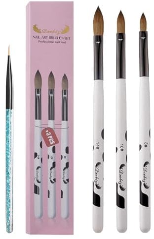 LINXINS Acrylic Nail Brush,Acrylic Brush,Nail Brush For Nail Art,Kolinsky Acrylic Brush,Nail Brushes For Gel Nails,Acrylic Brushes,3 Pieces (No. 08+10+14) + 1 Blue Rhinestone Drawing Pen