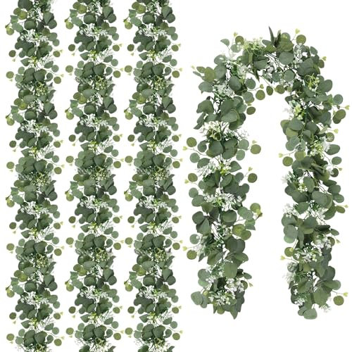 N&T NIETING Guirnalda de hojas de eucalipto artificiales, 4 unidades de guirnalda de vides verdes con flores blancas, guirnalda de hiedra colgante de 6 pies para boda, fondo, mesa de hogar, decoración
