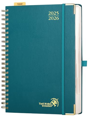 POPRUN Tagesplaner 2025 2026 Ringbuch mit Hardcover 30,5 x 22 cm, Tageskalender A4 1 Tag 1 Seite (Montag - Sonntag), Terminplaner (Aug.2025-Jul.2026) mit Plastiklineal - Pazifikgrün