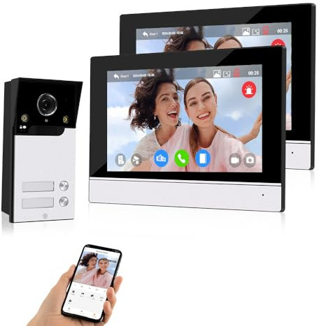 QTTYELOK WiFi Video Sistema Citofono 1080P HD Campanello Telecamera IR Visione Notturna con 2 Monitors a 7 Pollici per 2 Case/Appartamenti, Audio a 2 Vie, Registrazione, APP Tuya Smart