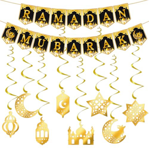 Ramadan Deko, Ramadan Mubarak Banner Deko, Gold Stern Mond Laterne Girlande Anhänger, Eid Mubarak Hängendes Schild Islamische, für Eid Islamic Ramadan Kareem Dekor Partyzubehör