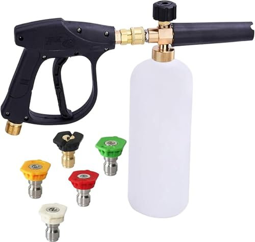 Pressure Washer Foam Cannon Lance Gun, 1L Adjustable 1/4 Quick Release Foam Cannon, 4000PSI Snow Foam Gun with 5 Water Nozzle Tip, Snow Foam Lance Soap Dispenser for Garden Cleaning,Car Washing