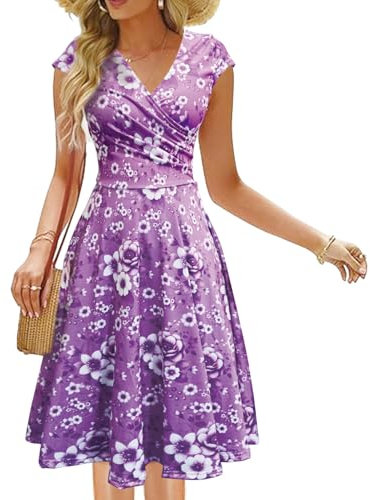LOVEXIU Robe ete Femme élégante Vintage,Robe Bohème Chic,Casual Imprimé Floral,Sexy de Cou de V,Genou Longueur,Plissée Fluide Para Cocktail, Fête, Casual, Violet-XL