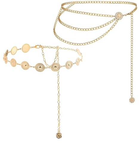 Plipdhy 2PCS Goldener Gürtel,Mehrschichtiger Taillenkettengürtel Damen,Boho-Kettengürtel,Verstellbare Waist Chain Taillenkette für Jeanskleider für Kleider,Jeans,Pullover,stilsicher