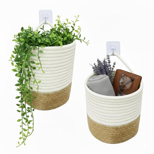 danpinera Hängekorb Set, Wandkörbe aus 100%, 17 x 20 cm, hängekorb bad mit Griff zum Aufhängen, geeignet für Küche Bad Schlafzimmer Wohnzimmer, White+Jute