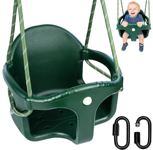Yyiwhmy BabySchaukel,Schaukel Outdoor Hohe Rückenlehne Kunststoffvollschale | Schaukelsitz mit 1.3-2m verstellbarem Seil und 2 Karabinern, Mitwachsende Babyschaukel Outdoor Zubehör, Grün/90kg