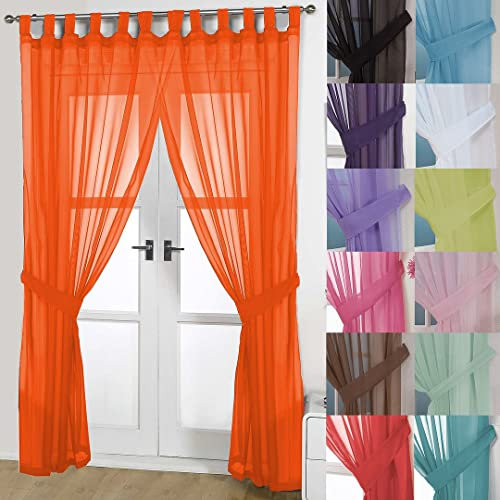 John Aird Pair Of Woven Voile Tab Top Curtain Panels. Tiebacks Included (Orange, 58 Wide x 81 Drop)