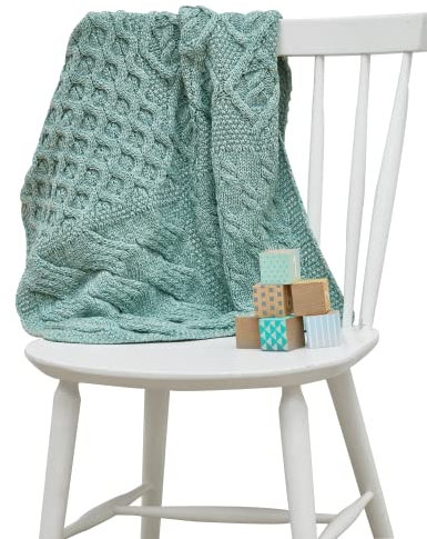 Irischer Aran Strickdecke Decke Überwurf Bettüberwürf | Supersoft Patchwork Sofa Blanket Wolldecke Kuscheldecke aus Merinowolle (22 x 32) (Seeschaumgrün)