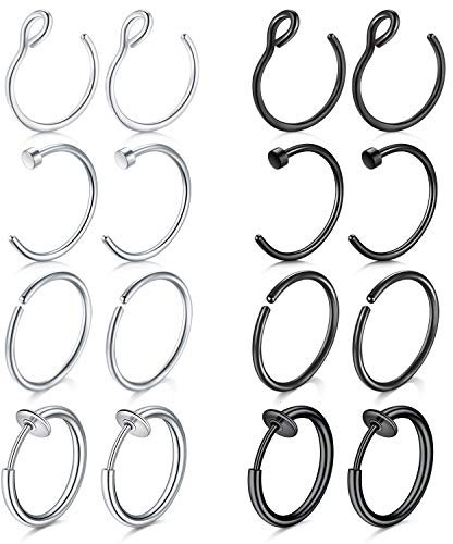 Mayhoop 16Stk 16G 18G Nasenpiercings Fake Nasenring Edelstahl Fake Piercings Nase Face Piercings Nase Lippe Ohr Ring Hoop für Männer Damen Silber Schwarz